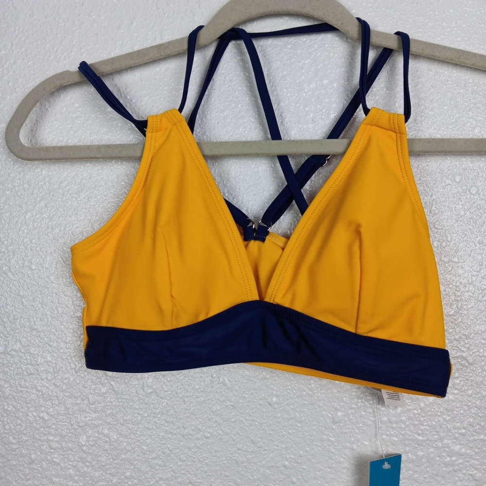 Cupshe Bikini Top Yellow Blue Strappy Padded Swimwear Size Small Beach Pool NWT